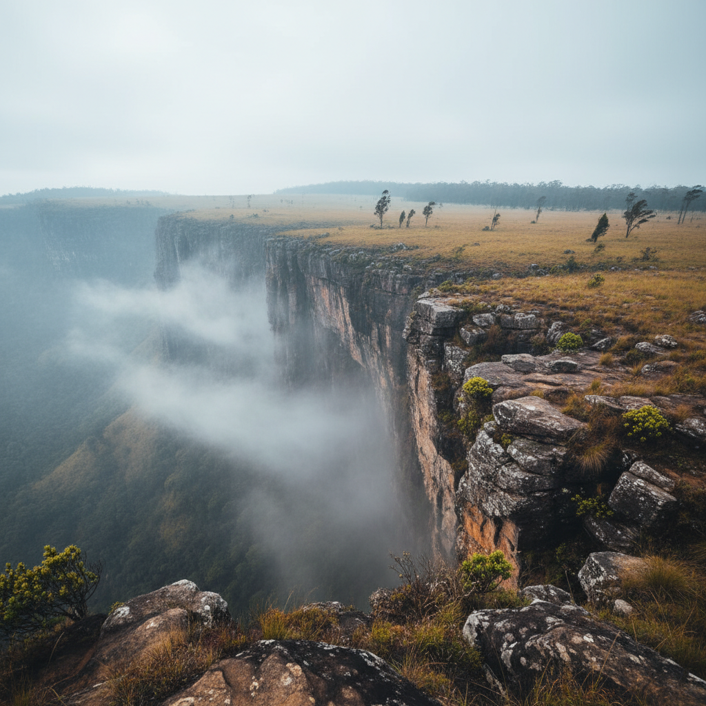 Horton Plains World's End cliff Sri Lanka, dramatic drop into misty valley, highland plateau