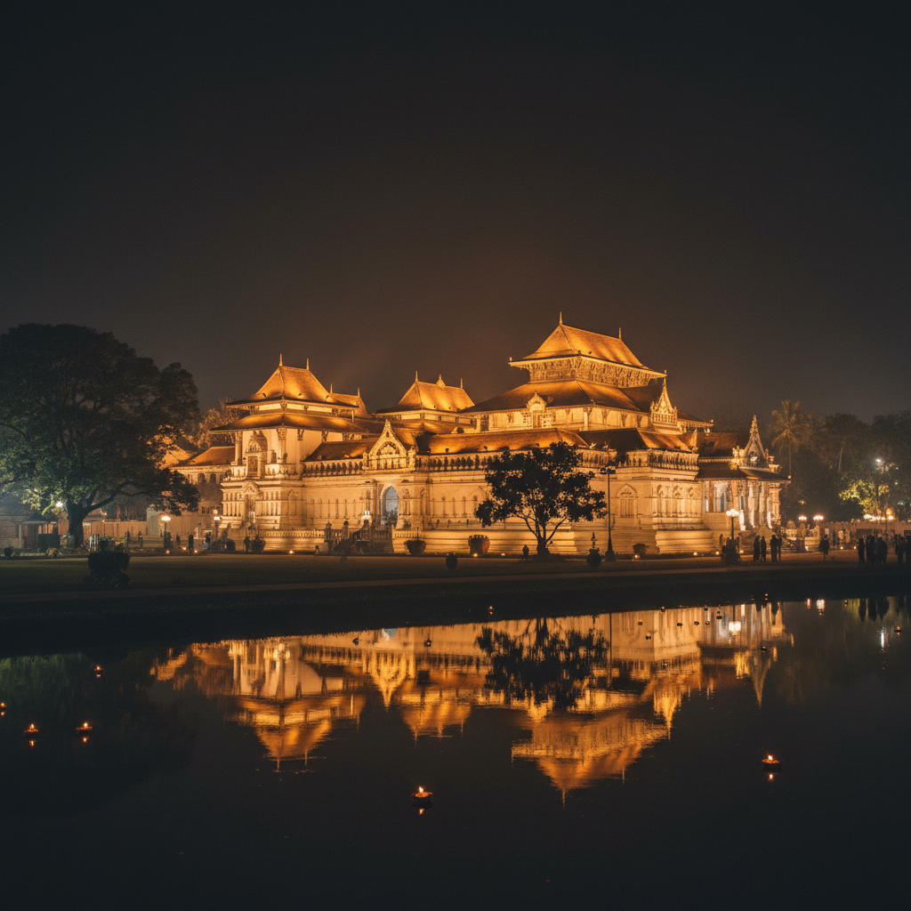 Temple of the Tooth Relic Kandy Sri Lanka at night, golden illuminated facade, sacred Buddhist site