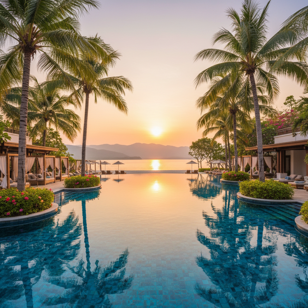 Bentota beach Sri Lanka luxury resort, palm trees, infinity pool overlooking ocean, sunset