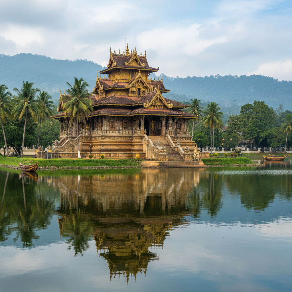 Temple of the Tooth Relic in Kandy Sri Lanka, sacred Buddhist temple, golden lights, ancient architecture