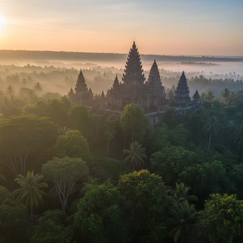 Sigiriya rock fortress rising from jungle mist at sunrise, ancient Sri Lankan landmark, golden dawn light