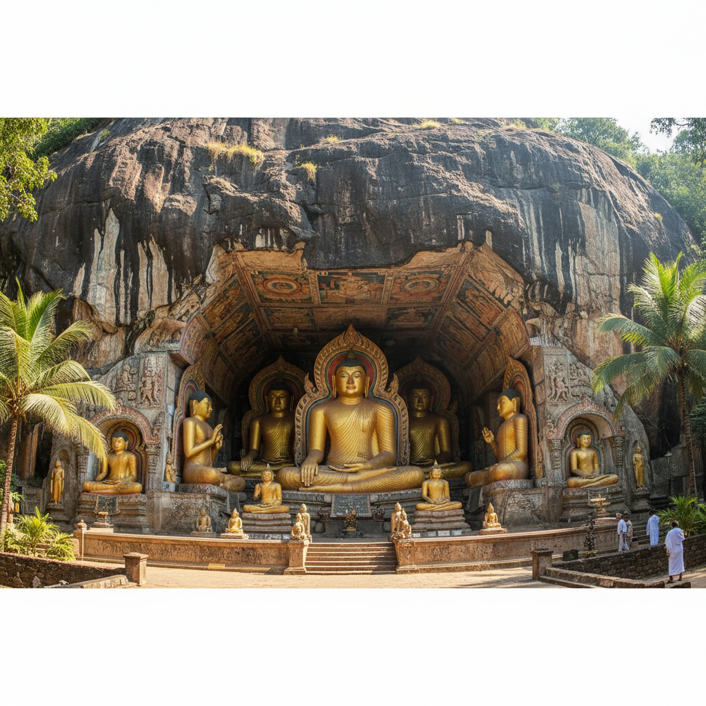 Ancient Buddhist cave temple interior Sri Lanka, golden Buddha statues, colourful murals, sacred atmosphere