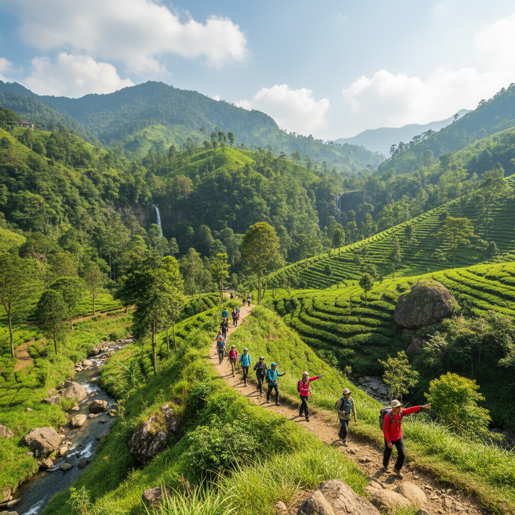 Hikers on mountain trail in Sri Lanka, dramatic highland scenery, misty peaks, adventure trekking