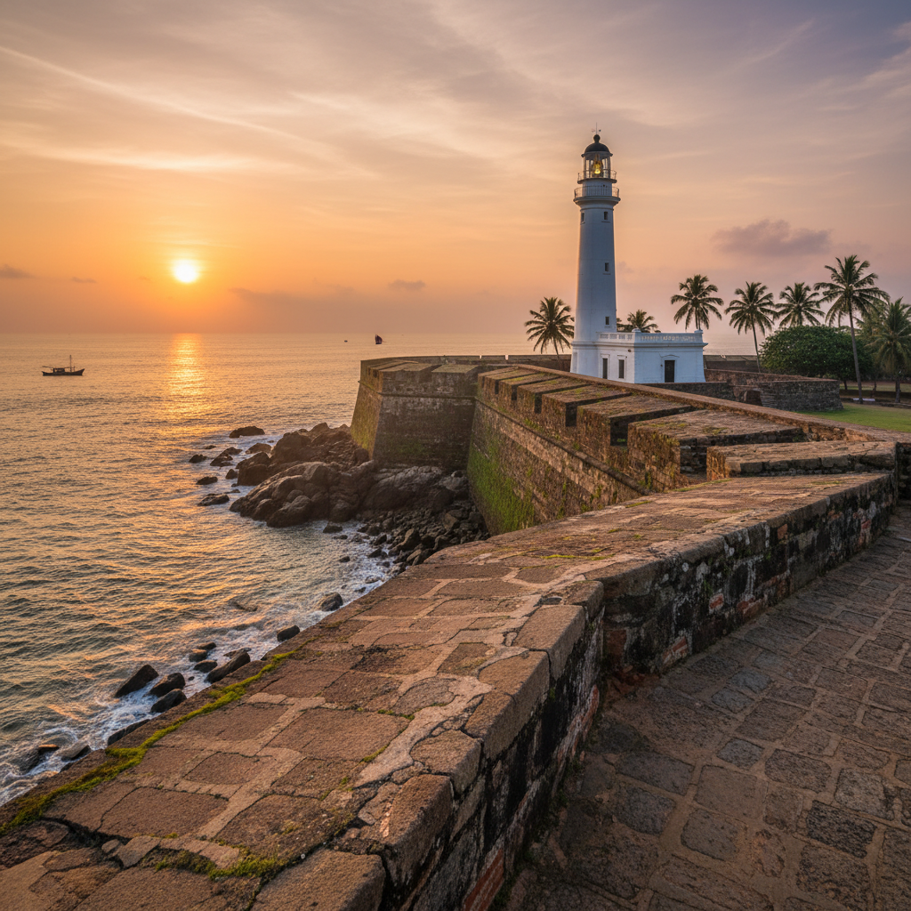 Galle Fort colonial ramparts at sunset Sri Lanka, lighthouse, ocean view, Dutch colonial architecture