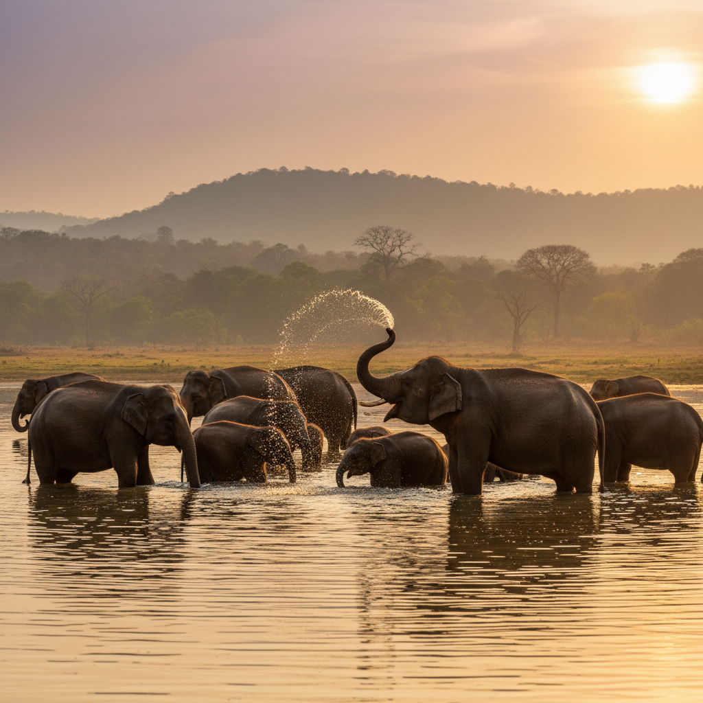 Herd of Asian elephants in savanna, golden afternoon light, Udawalawe National Park Sri Lanka