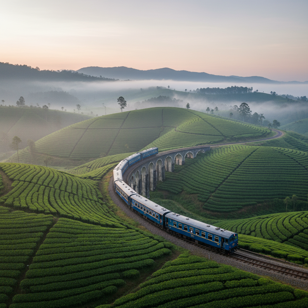 Vintage blue train winding through Ella tea estates in Sri Lanka, misty green mountains