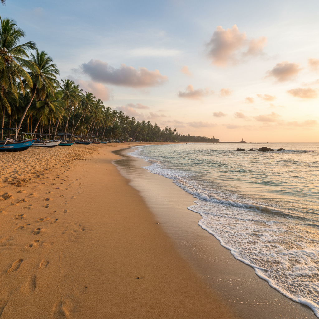 Mirissa beach Sri Lanka with turquoise ocean, palm trees, golden sunset, pristine white sand