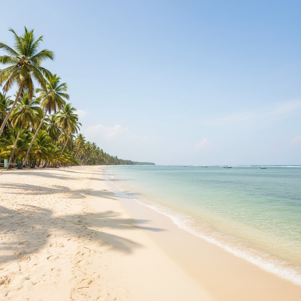 Unawatuna beach Sri Lanka, crescent bay with clear turquoise water, lush green hills, boats
