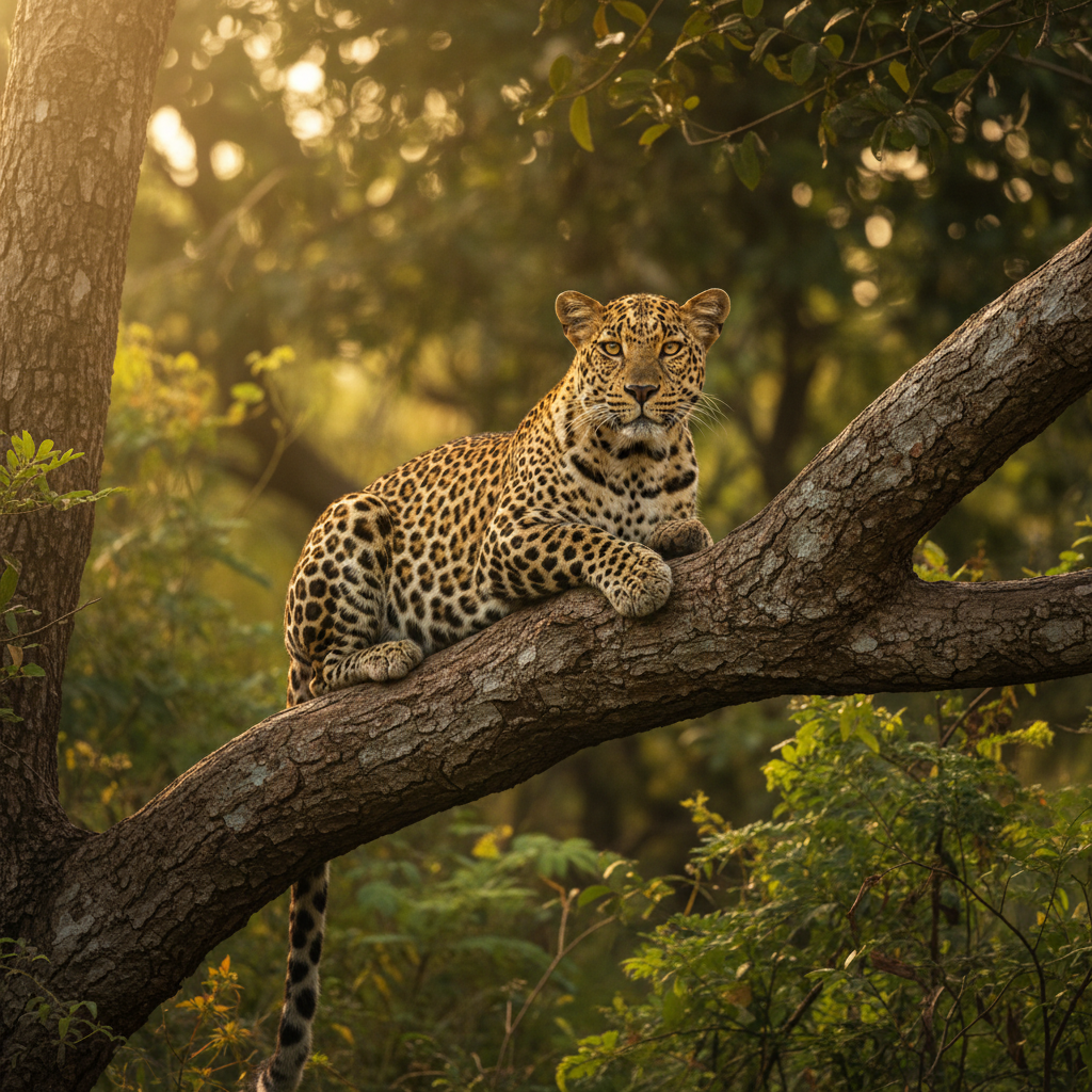 Leopard resting in tree at Yala National Park Sri Lanka, golden afternoon light, wildlife safari