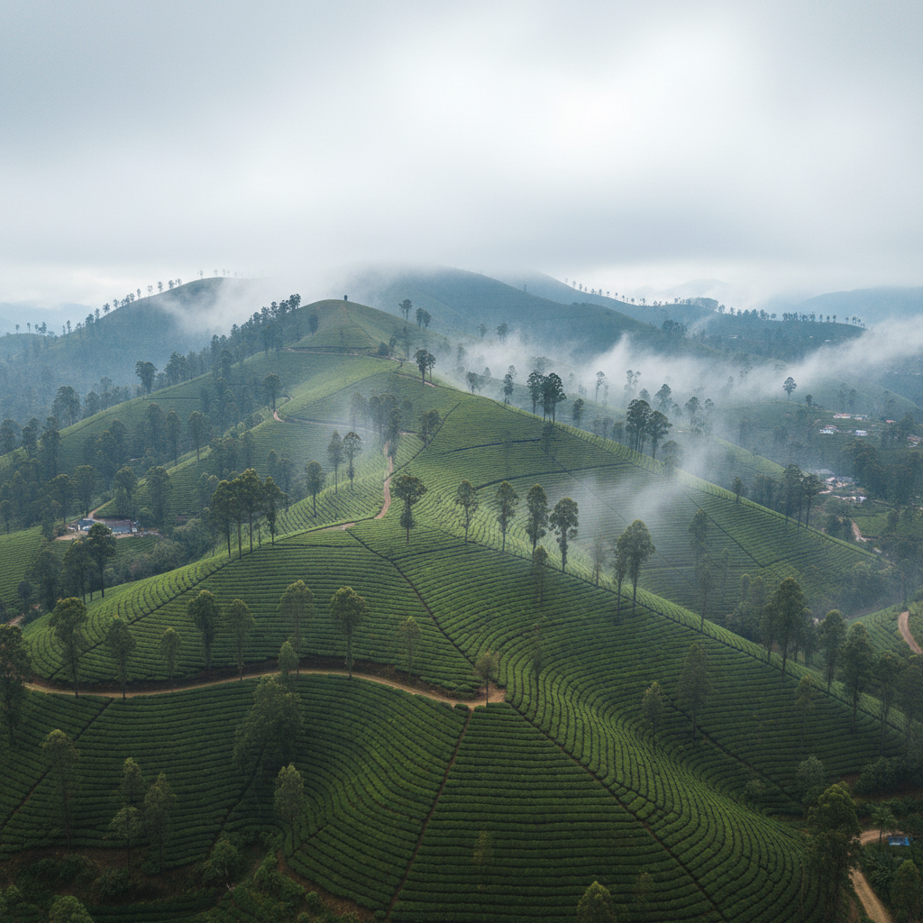 Nuwara Eliya tea plantations with misty mountains, rows of green tea bushes, Sri Lanka highlands