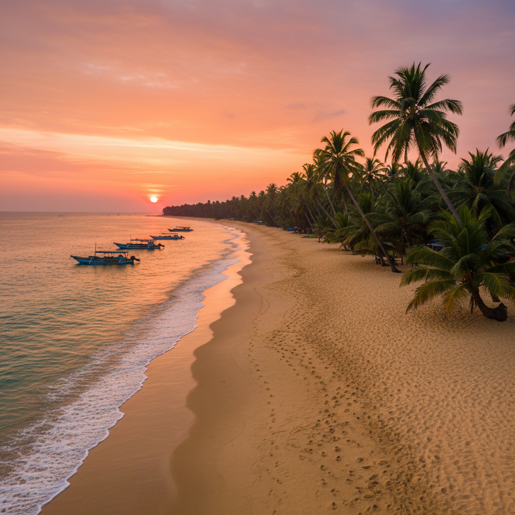 Mirissa beach Sri Lanka golden sand, palm trees leaning over turquoise ocean, sunset sky