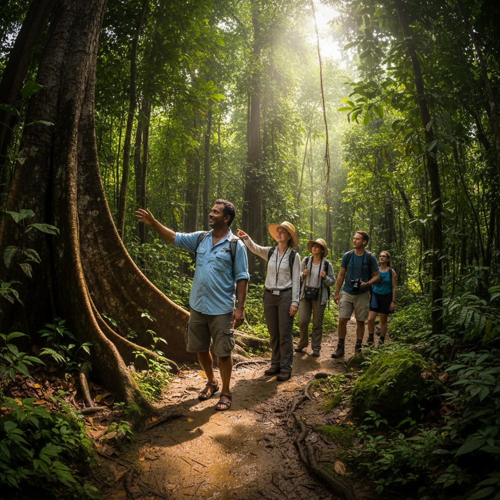 Sri Lankan local guide leading tourists through lush jungle trail, bright natural light, authentic travel experience