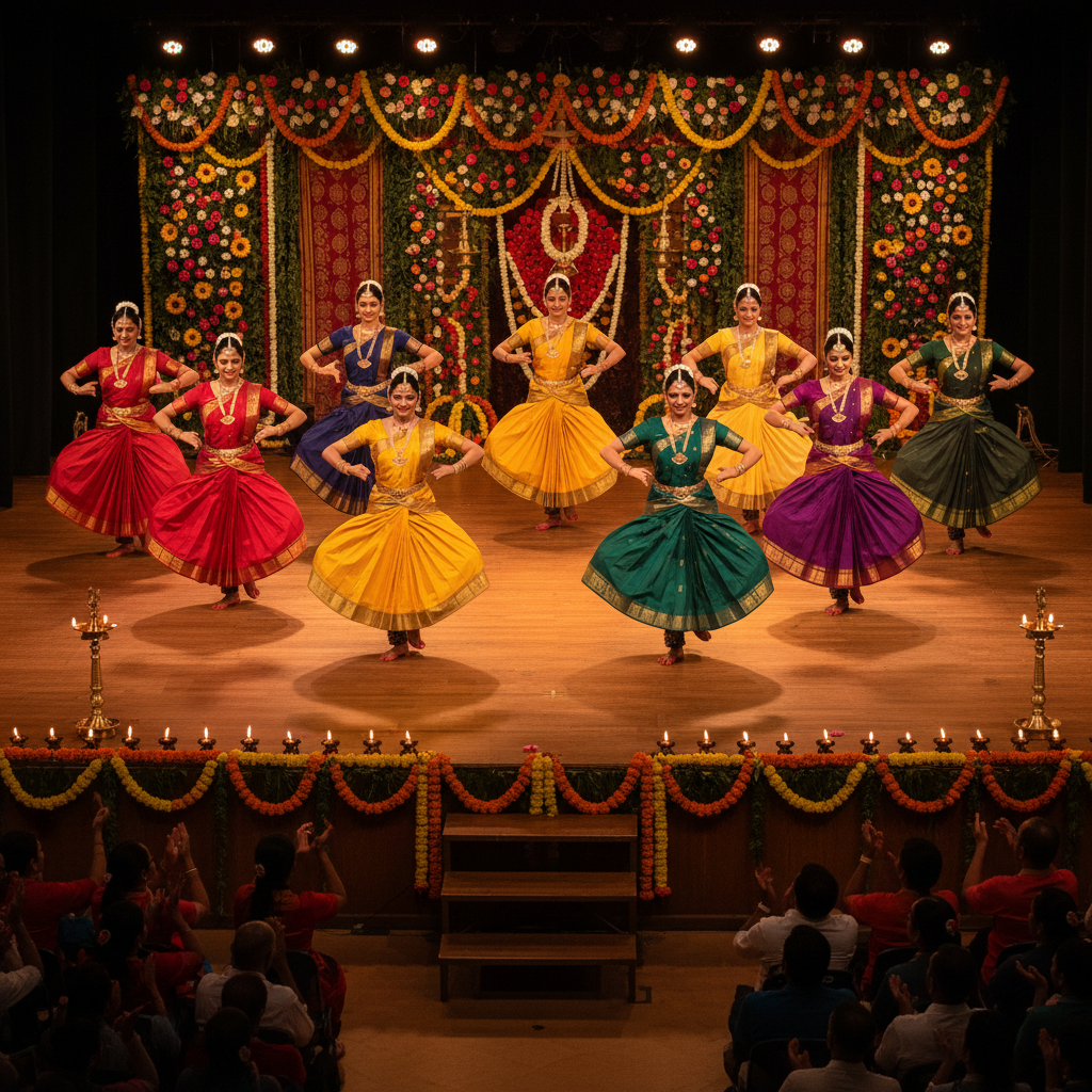 Traditional cultural dancers in ornate costumes performing at cultural show in Sri Lanka, vibrant colours