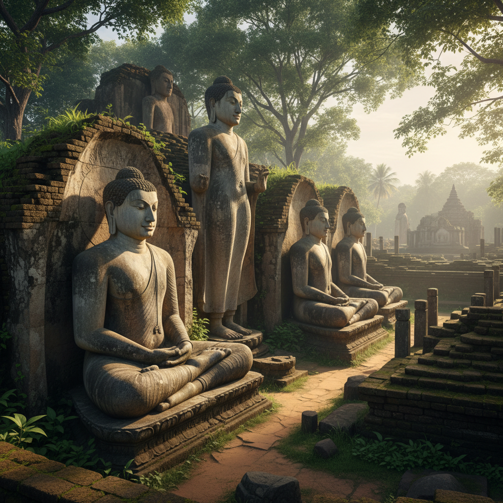 Ancient ruins of Polonnaruwa Sri Lanka, stone columns and Buddha statues, warm amber light, UNESCO heritage
