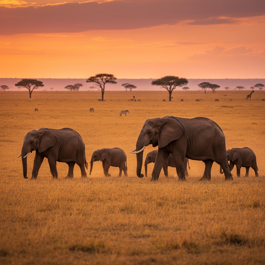 Wild elephants herd at Udawalawe National Park Sri Lanka, dusty savanna, golden afternoon light
