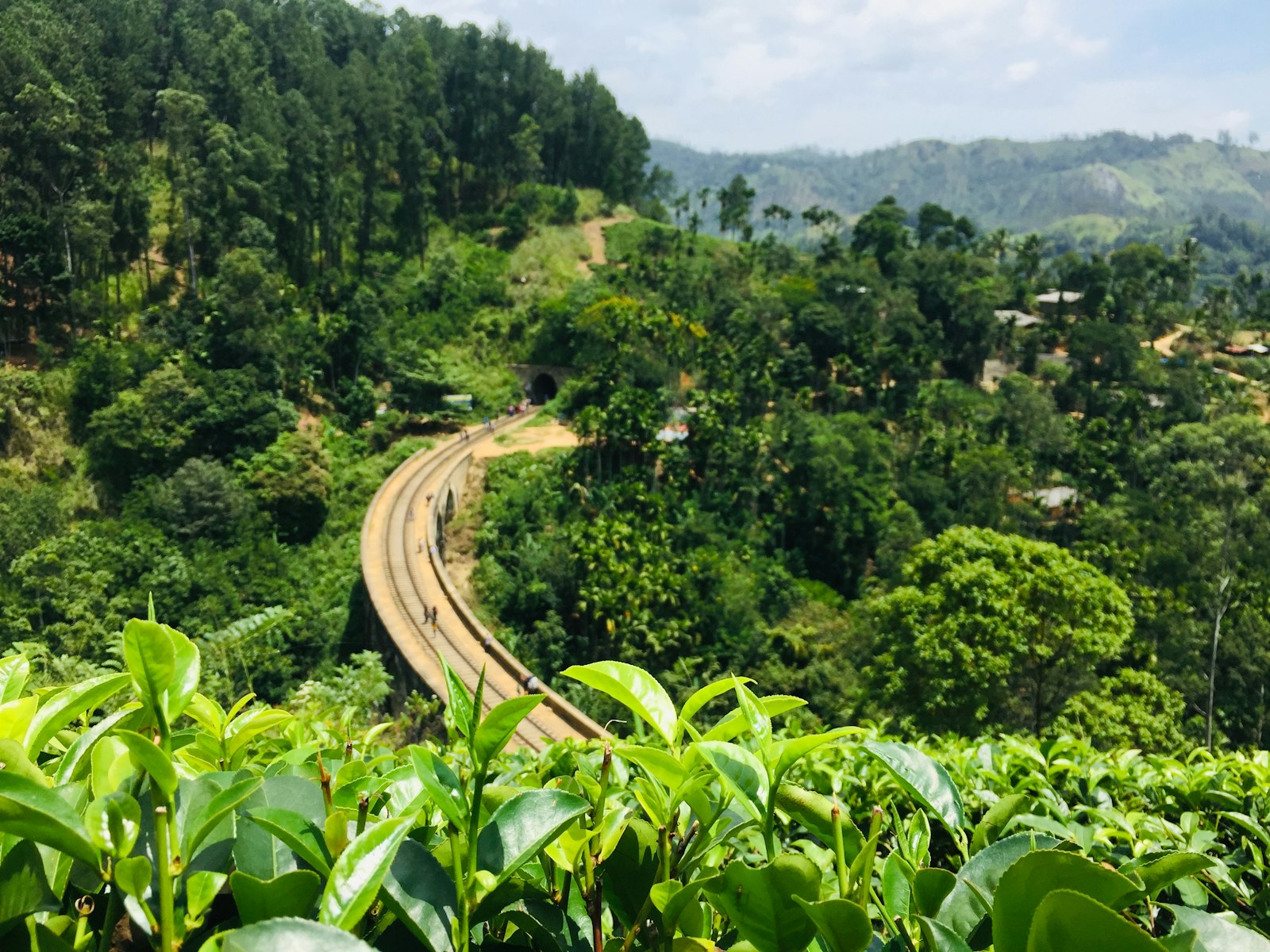 Nine Arches Bridge in Ella Sri Lanka surrounded by lush green tea estates, misty mountains