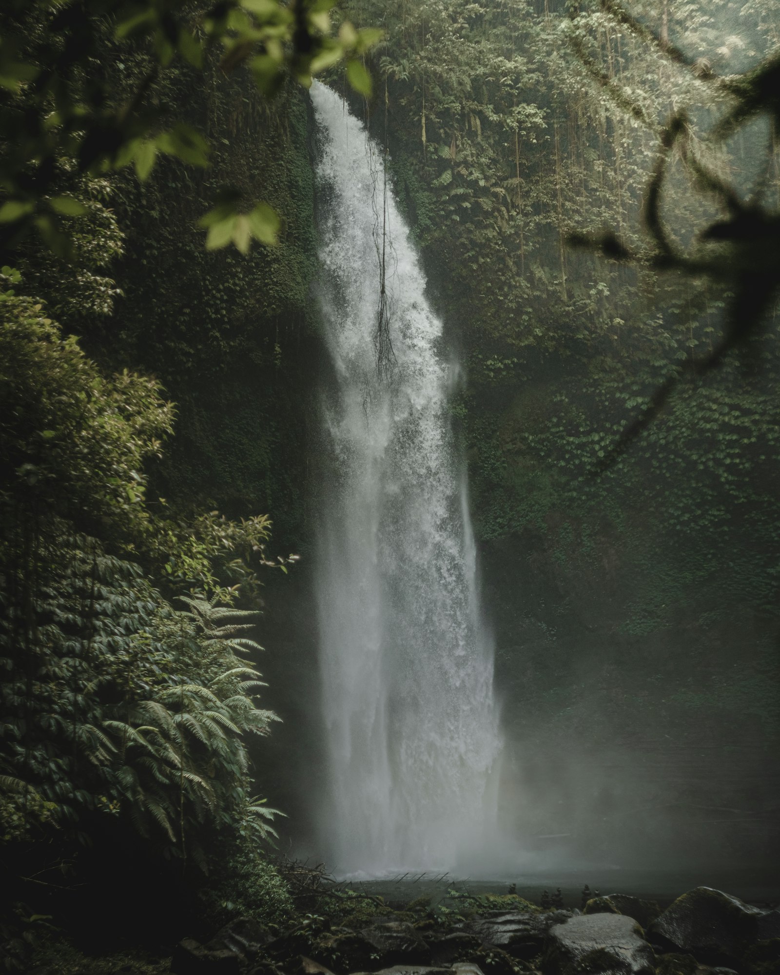 Tall waterfall cascading through lush tropical forest, misty spray, green vegetation, Sri Lanka