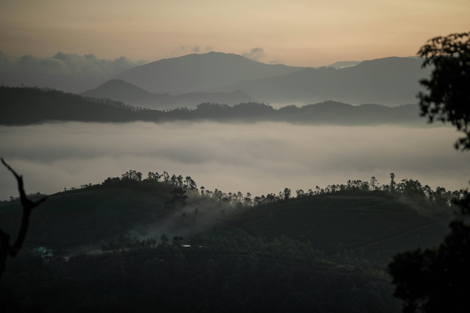 Hikers on mountain peak at sunrise, panoramic view over Sri Lankan highlands, misty valleys